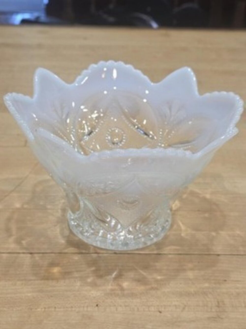 Antique Dugan Glass Wheel and Block White Opalescent Star Ruffled Bowl 1905